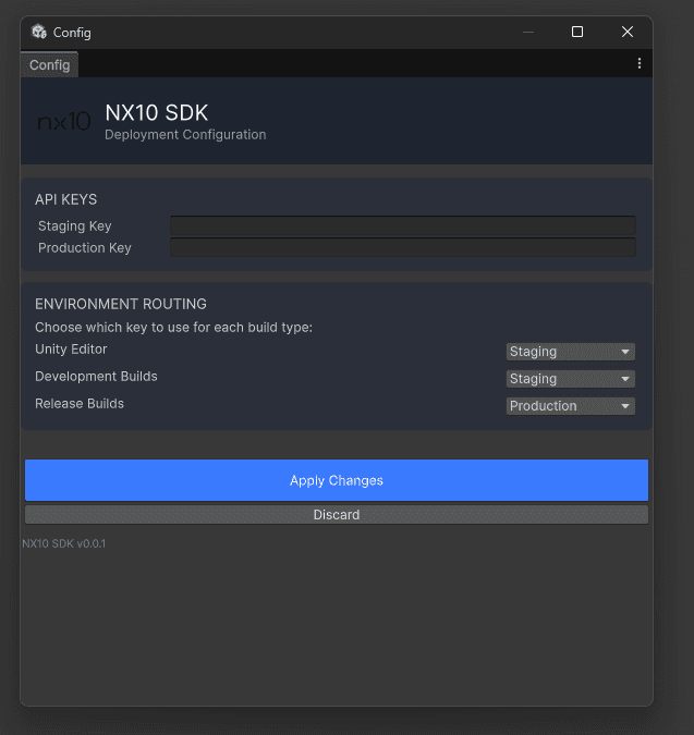 Nx10 Unity SDK Configuration Window